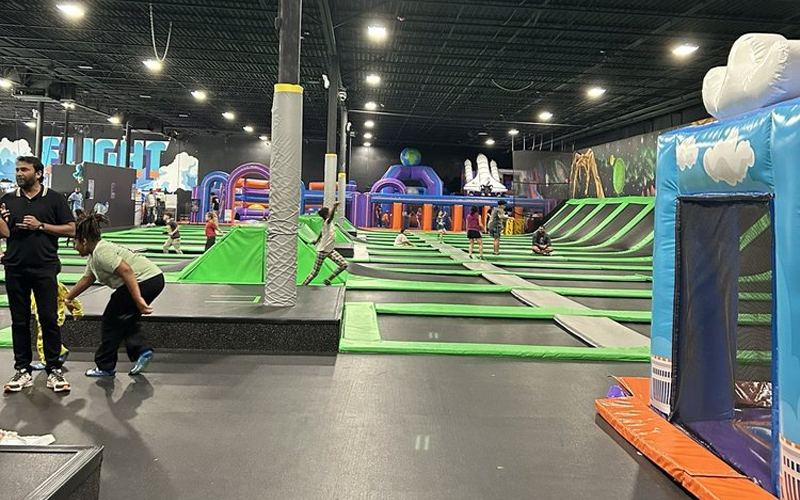 Family enjoying trampoline park in Europe