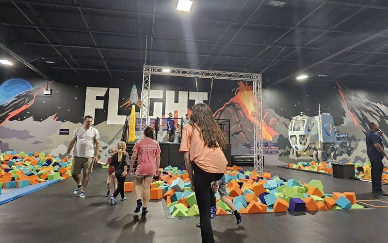 Trampoline park layout with foam pit and dodgeball