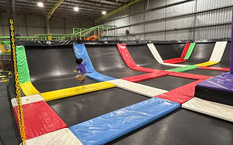 Free trampoline area built for active family fun
