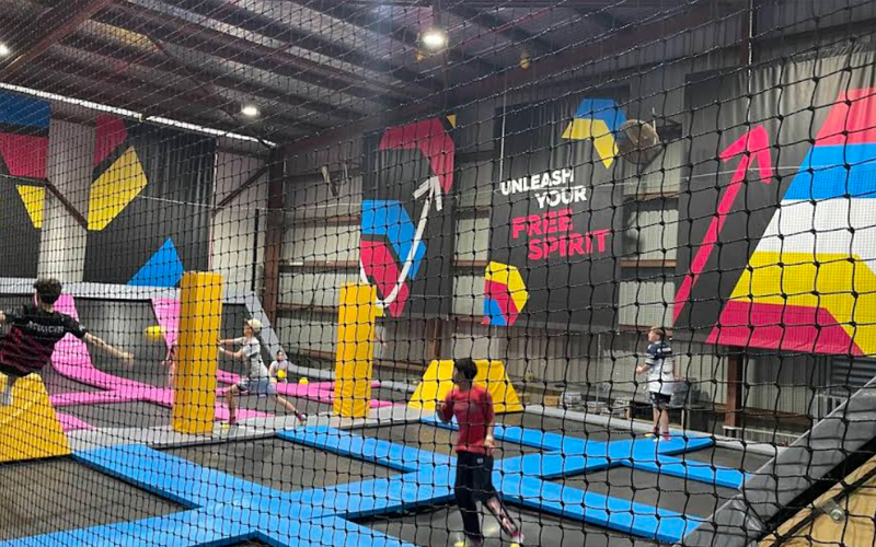 Trampoline dodgeball game space for group activities