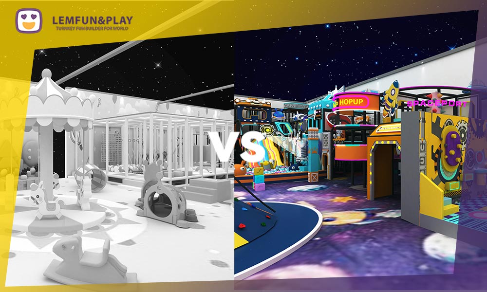 3D rendering of a futuristic Cyberpunk-themed indoor playground equipment design for a Saudi Arabian client, contrasted with outdated pastel styles to avoid aesthetic fatigue.