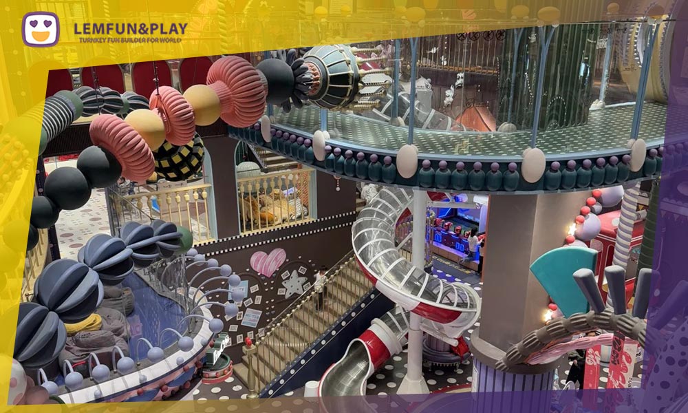 Custom 2-story indoor playground structure featuring a second-floor soccer zone, designed by Lemfun playground company to maximize profit in limited floor space.