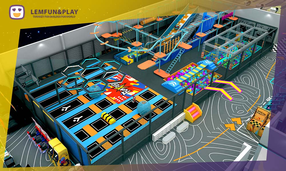 3D layout of a 1500 sqm indoor trampoline park in the USA with trampolines, ninja course, aerial zip line and soft play structure by Lemfun