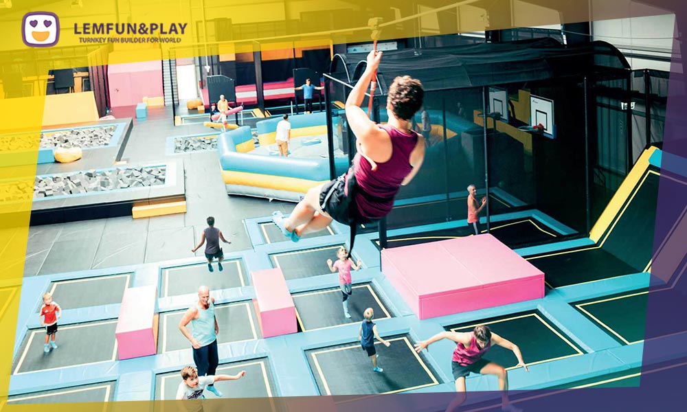 Safety layout diagram showing why a zip line path above high performance trampolines is dangerous in a low ceiling trampoline park