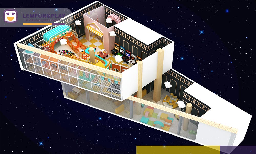 Commercial indoor playground equipment design utilizing vertical space with zip lines above ninja courses.