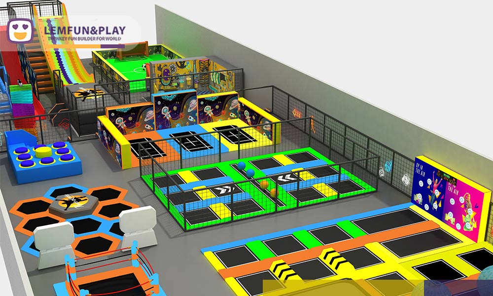 3D layout design showing vertical space utilization with zip line over ninja course to maximize revenue per square meter.