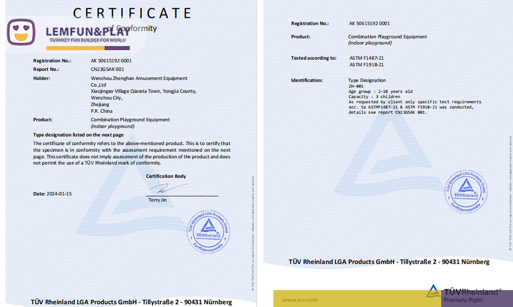 Trampoline park safety certificates (ASTM and EN standards) and daily maintenance log template for risk management.
