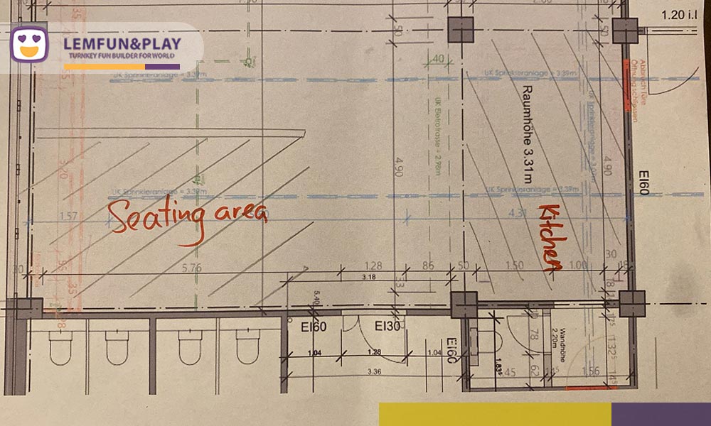 Blueprint comparison showing a flawed layout blocking fire exits versus a CSA Z614 compliant design optimized for safety by an experienced indoor playground manufacturer.