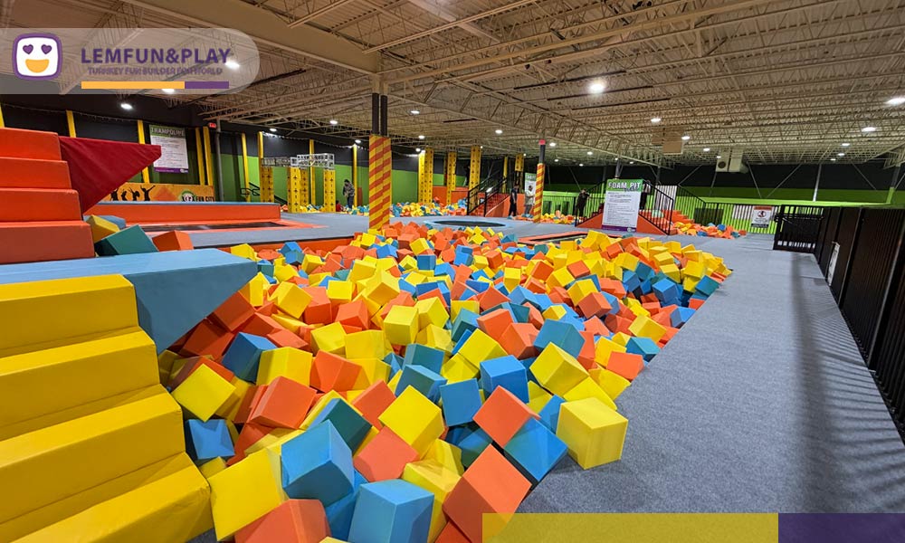 Engineering diagram showing the required 1.2-meter foam pit depth to meet ASTM standards and secure trampoline park insurance in Canada.