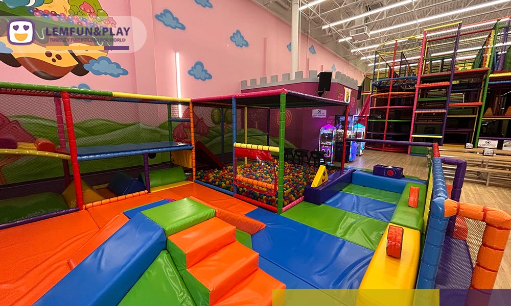 loor plan comparison showing a dangerous blocked fire exit versus a Lemfun optimized layout for how to open an indoor playground in USA safely.