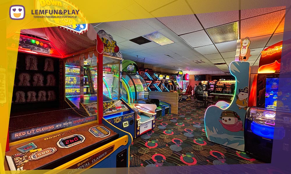A vibrant arcade game zone featuring redemption machines and video games, designed to boost revenue in a modern trampoline park USA facility