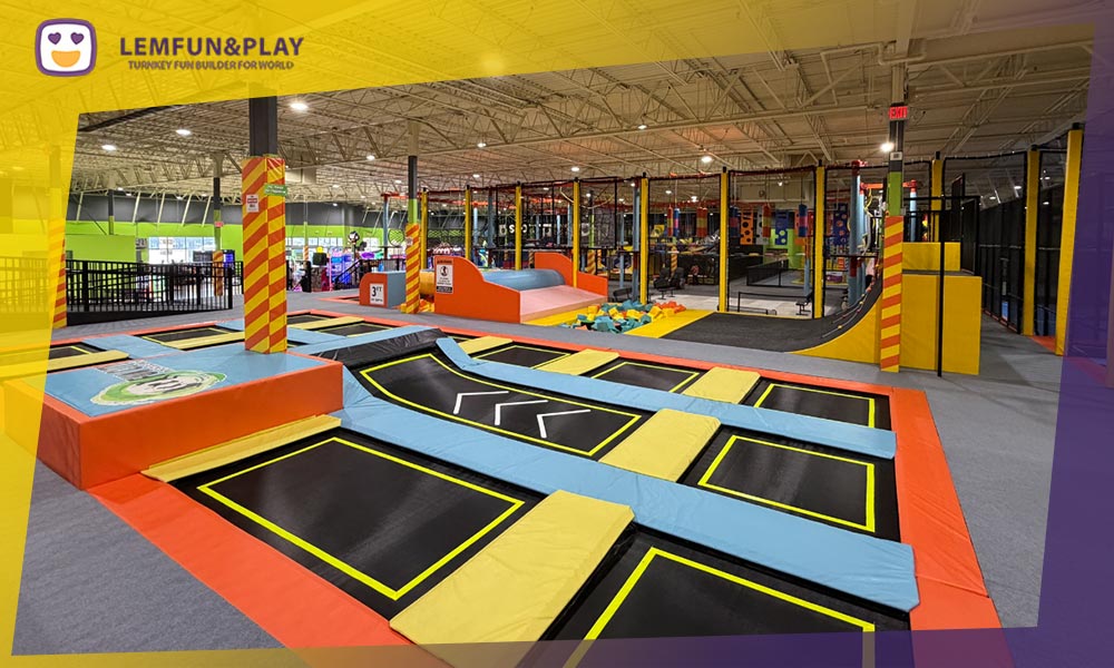 High-quality commercial trampoline equipment featuring reinforced steel frames and safe padding in a main free jump court.