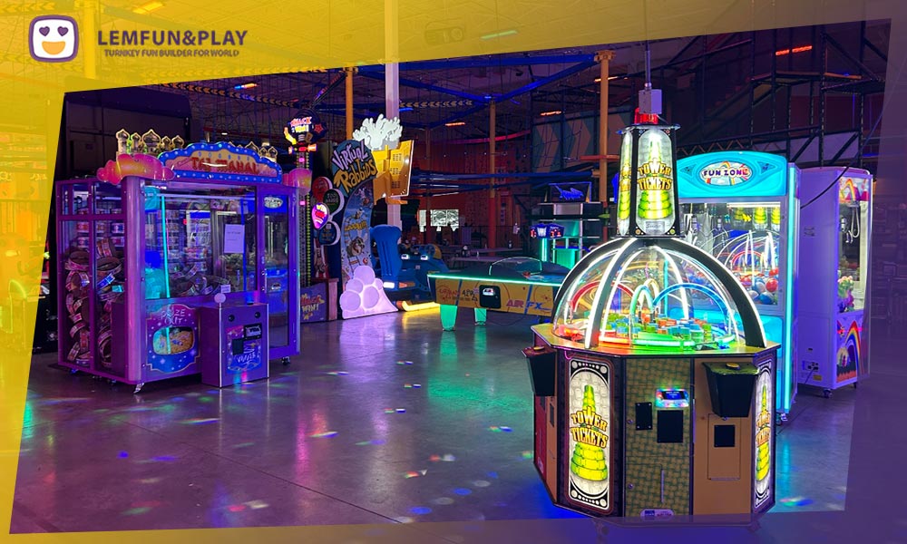 Modern arcade game area and entertainment zone for commercial indoor playgrounds.
