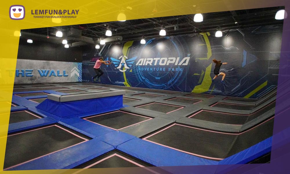 Overview of a complete indoor trampoline park facility, showcasing professional layout and safety compliance.