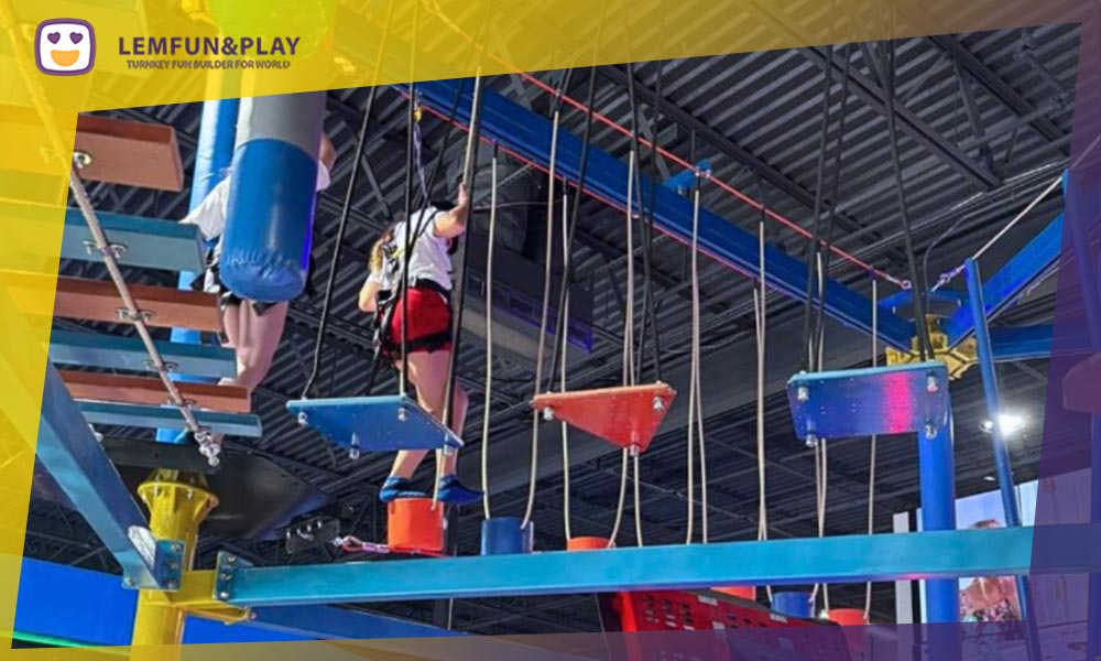 High altitude performance trampoline course and challenge zone, requiring professional-grade equipment.