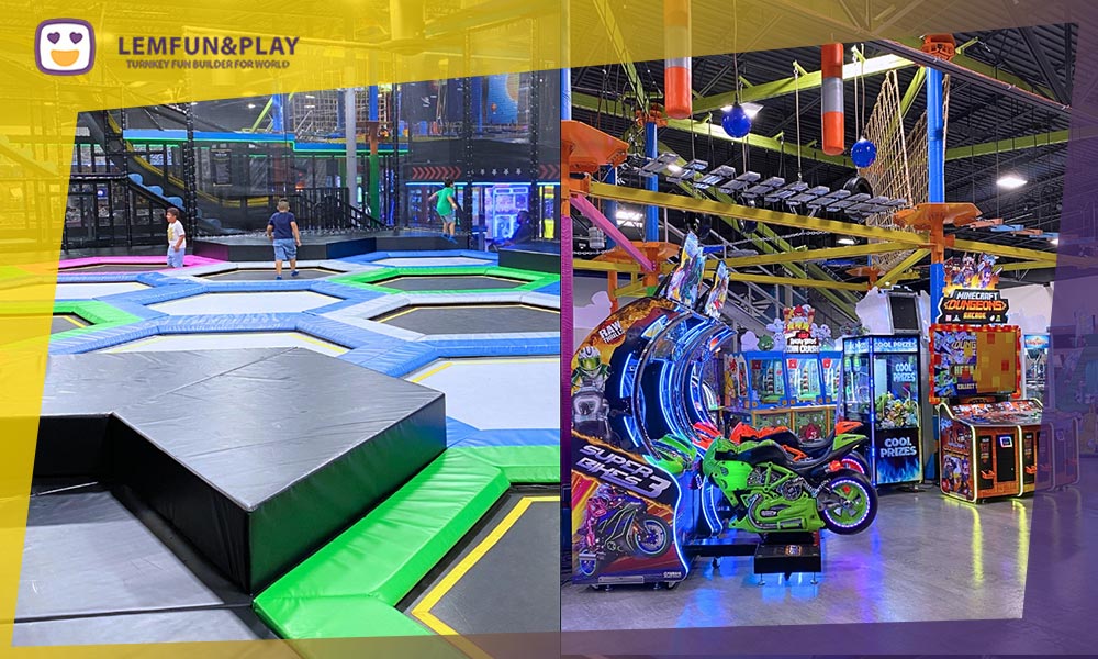 Open free jump trampoline area for trampoline parks, featuring high-quality durable mats and safety padding.