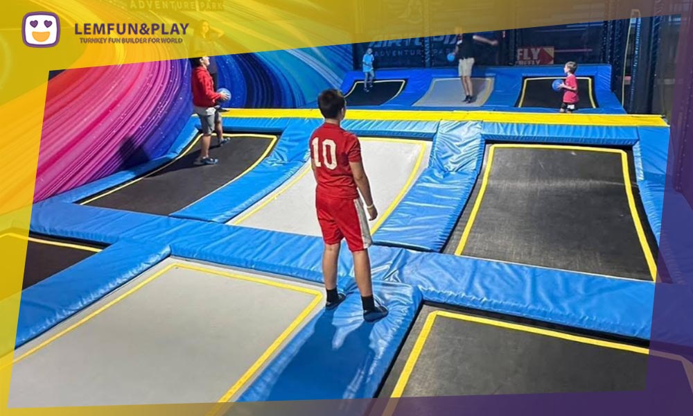 Professional trampoline dodgeball court with high-strength netting and safety-certified trampoline equipment.