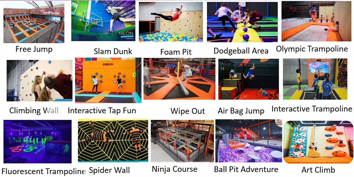 Diverse interactive play attractions included in Trampoline Park Contractor