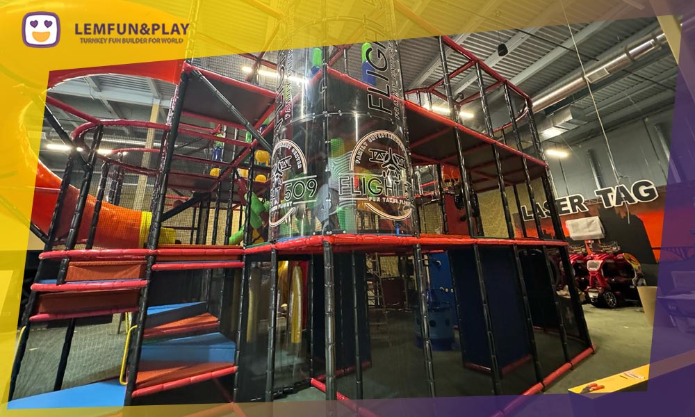 Aerial view of a full-scale commercial indoor playground layout designed by Lemfun.