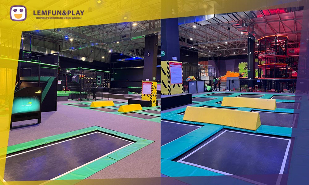 Professional trampoline game sets with basketball hoops and battle beams for commercial indoor parks.