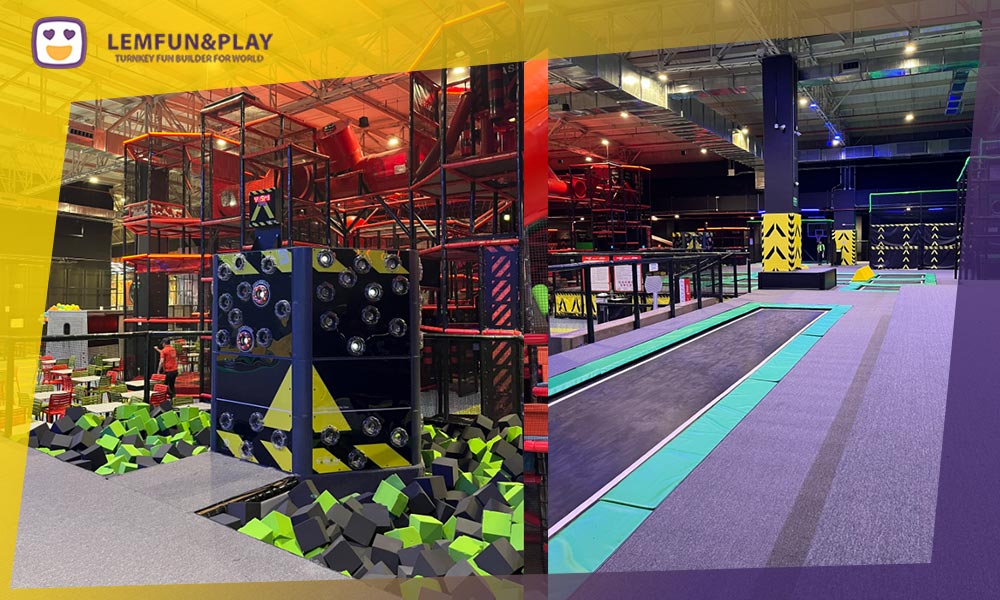 Interactive augmented reality trampoline game with wall projection system for indoor entertainment centers.