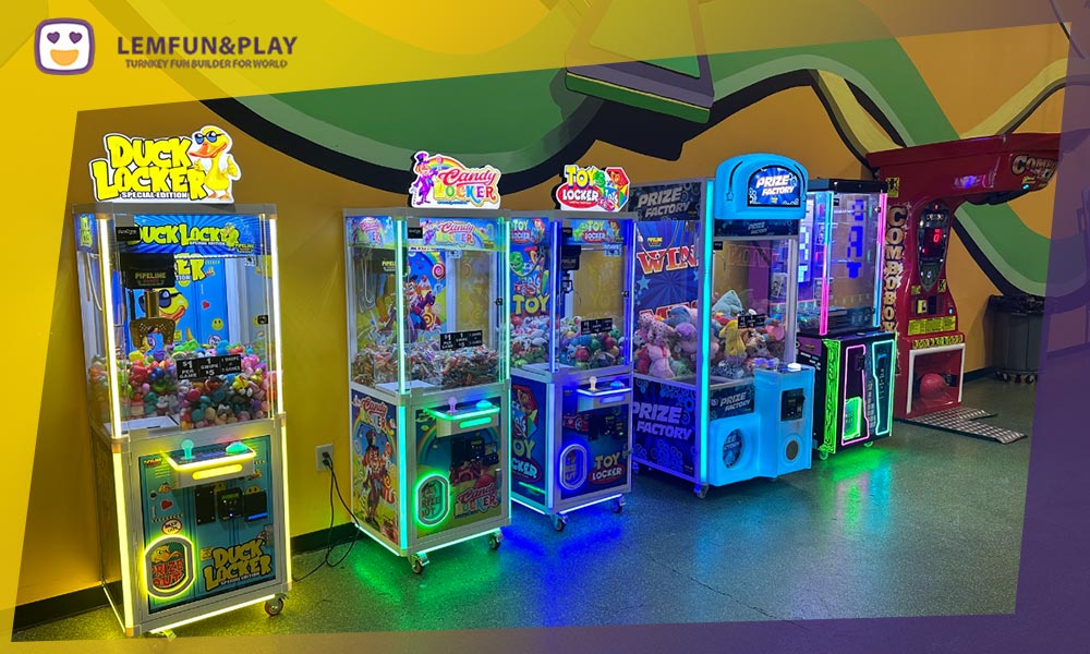 Commercial arcade game area integrated into a trampoline commercial facility to maximize per-head revenue.
