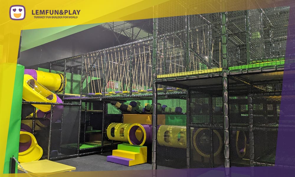 Challenging indoor obstacle game set designed with high-density XPE foam padding for safe, high-traffic commercial use.