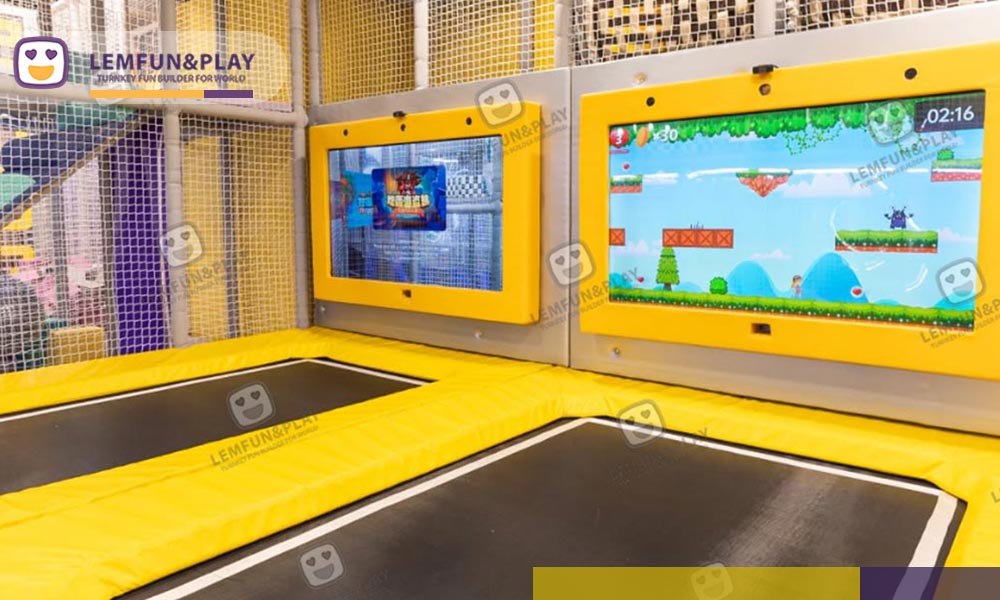 Rainbow Cyber Port elevated net bridge and soft maze custom-built by Lemfun, a hot sale custom indoor playground manufacturer.